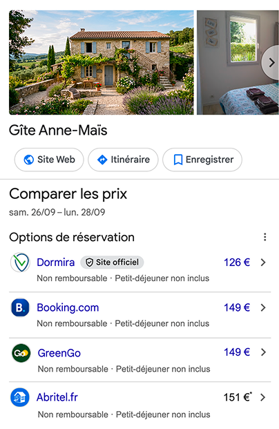 Comparateur de prix pour le Gîte Anne-Maïs : Dormira 126€, Booking.com 149€, GreenGo 149€, Abritel.fr 151€